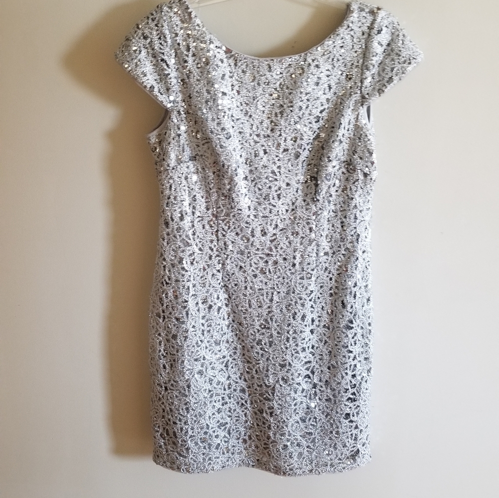 Silver Sequin Adrianna Papell Cocktail Dress - Picture 2 of 7